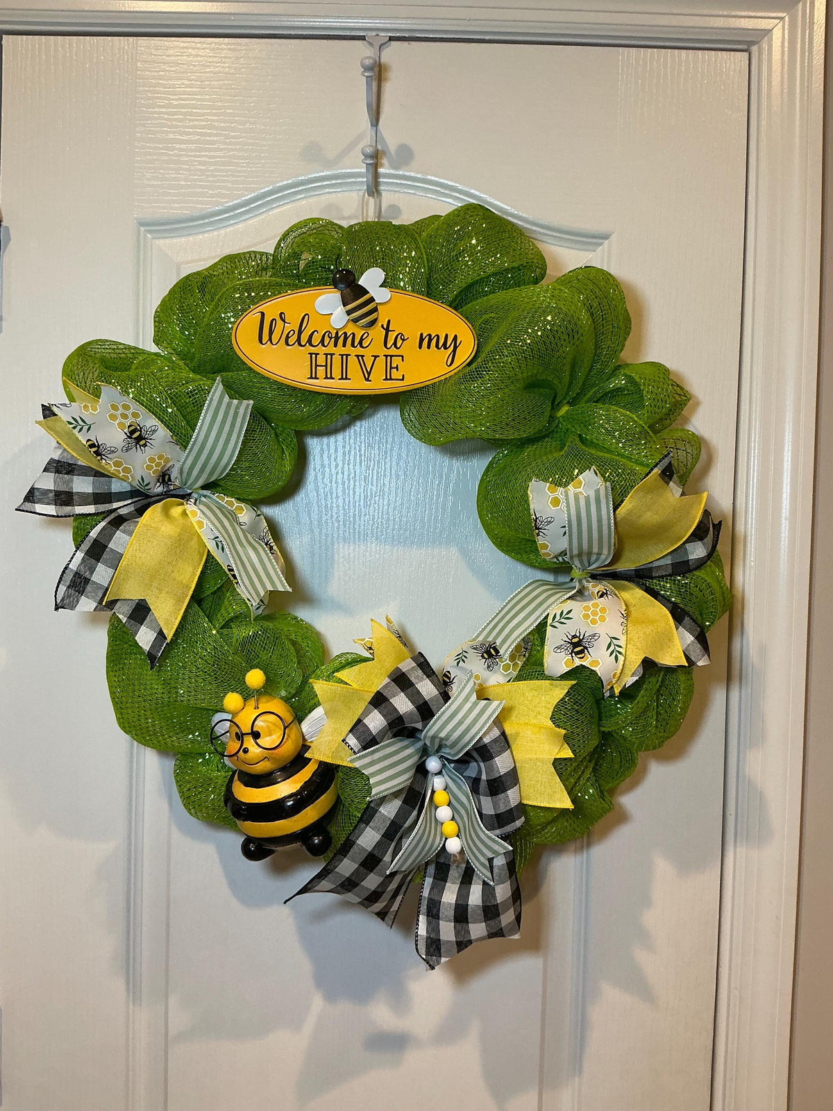 Welcome to My Hive Wreath, Bumble Bee & Buffalo Plaid Spring Summer Door Decor.