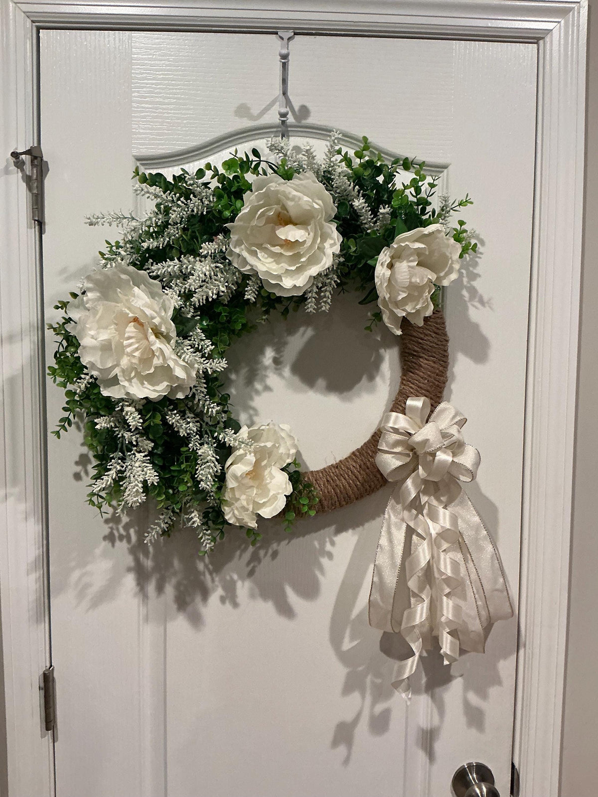White Peony Wreath, Boxwood Ivory Bow Bridal Decor, Wedding Front Door Multi Purpose Elegance