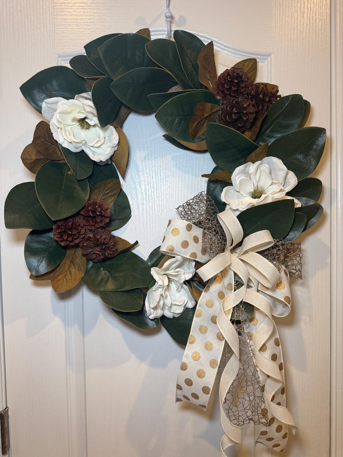 Magnolia Farmhouse Wreath, Everyday Front Door Decor, White Floral Pinecone Wreath, Rustic Year Round Accent, 18 Inch Door Wreath