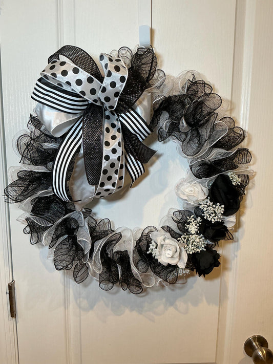 Black White Storm Door Wreath with White Roses and Polka Dot Bow, 18 Inch