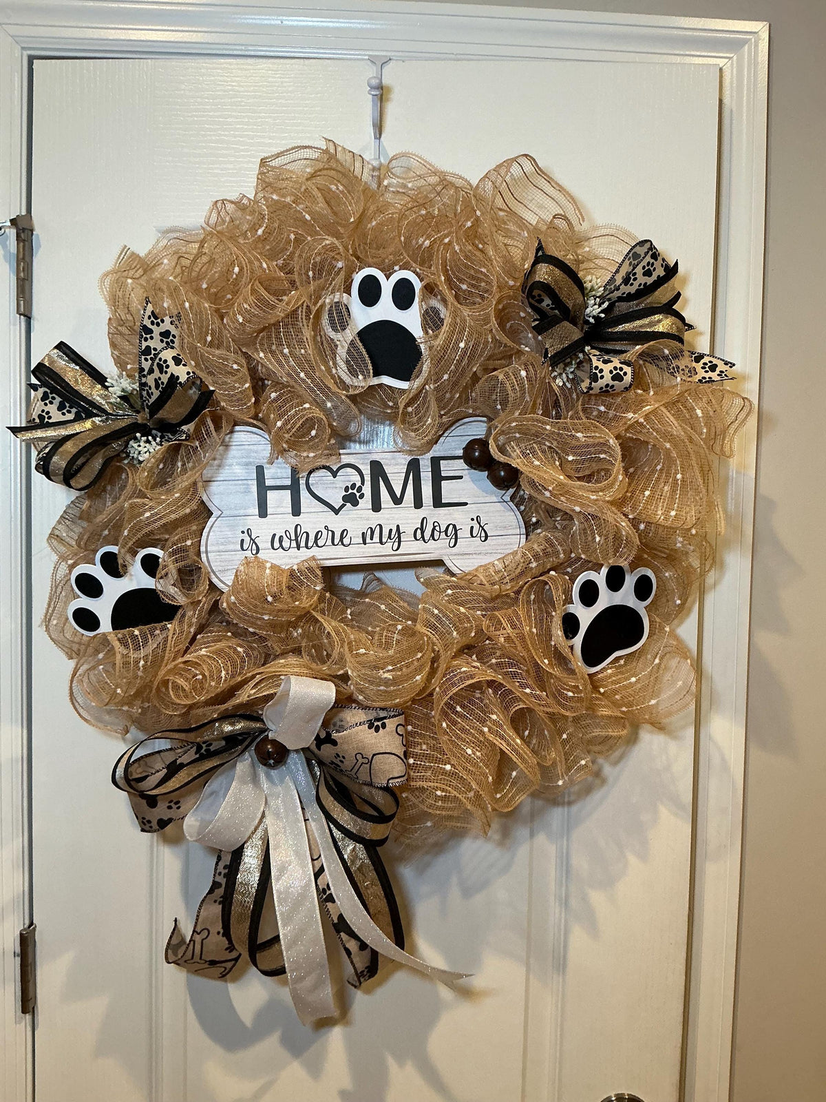 Home Is Where My Dog Is Wreath with Paw Prints, Farmhouse Dog Mom Door Decor