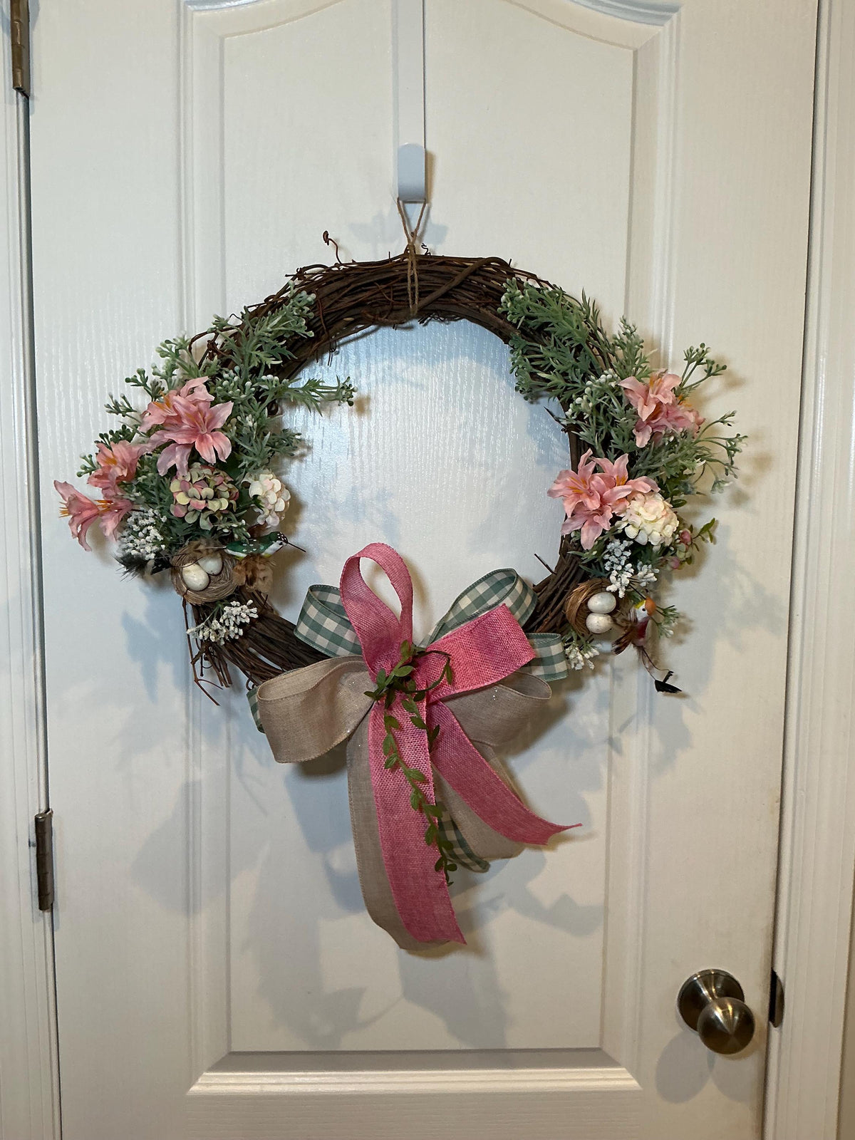Hummingbird Grapevine Wreath with Bird Nest, Eggs, Pink Daisies and Hydrangea