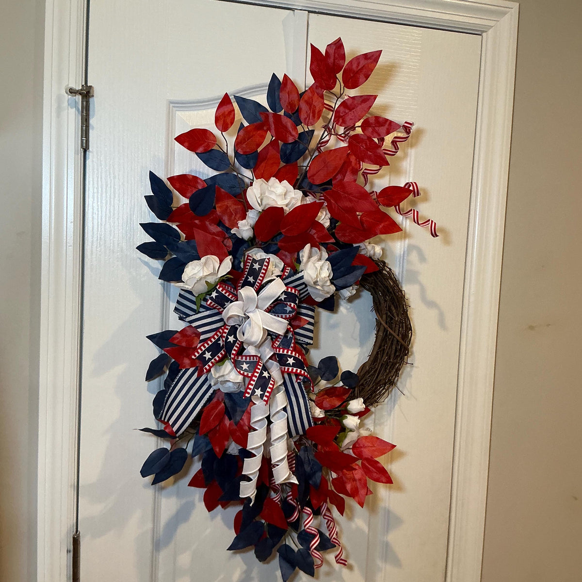 Patriotic Grapevine Wreath, Red White Blue Front Door Wreath, Americana Star Ribbon Bow, USA Summer Porch Decor.