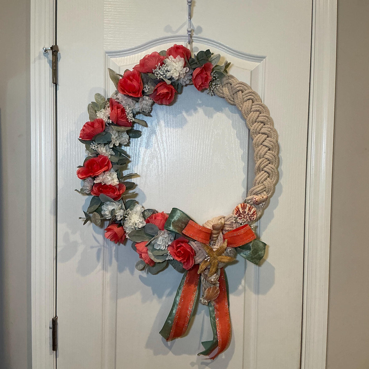 Handmade Coral Rose Coastal Wreath, Rope Nautical Beach Decor, Seashell Starfish Front Door Wreath