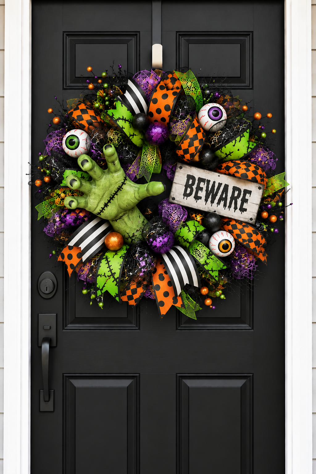 Frankenstein Monster Hand Halloween Wreath on matte black front door AI mockup