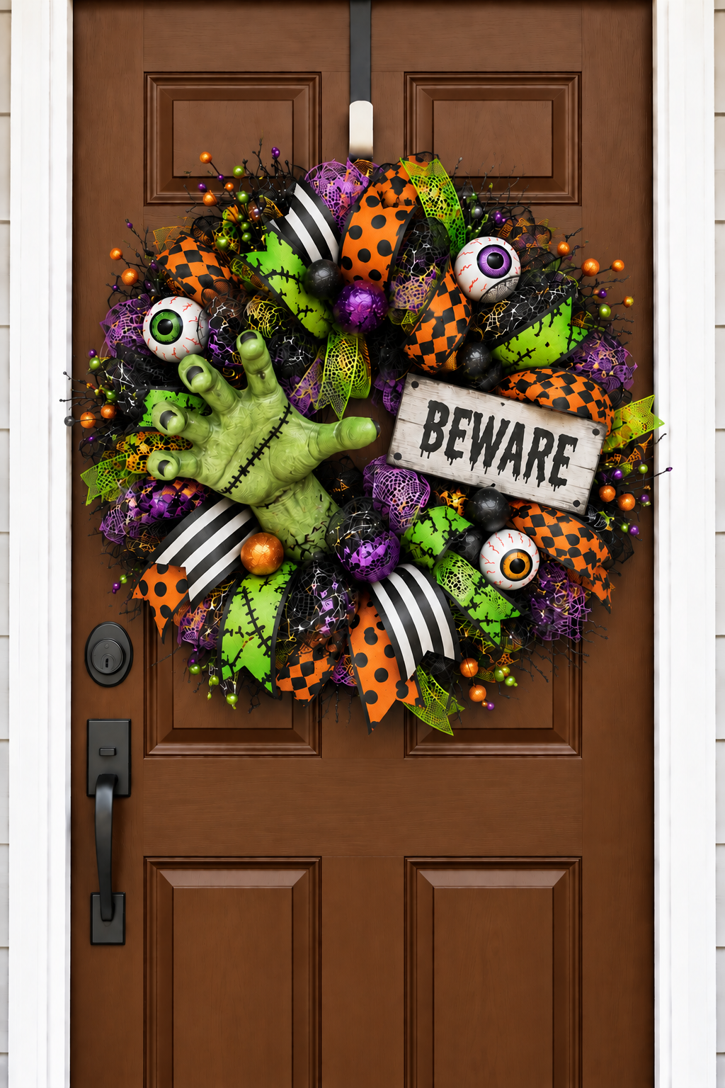 Frankenstein Monster Hand Halloween Wreath on warm brown front door AI mockup