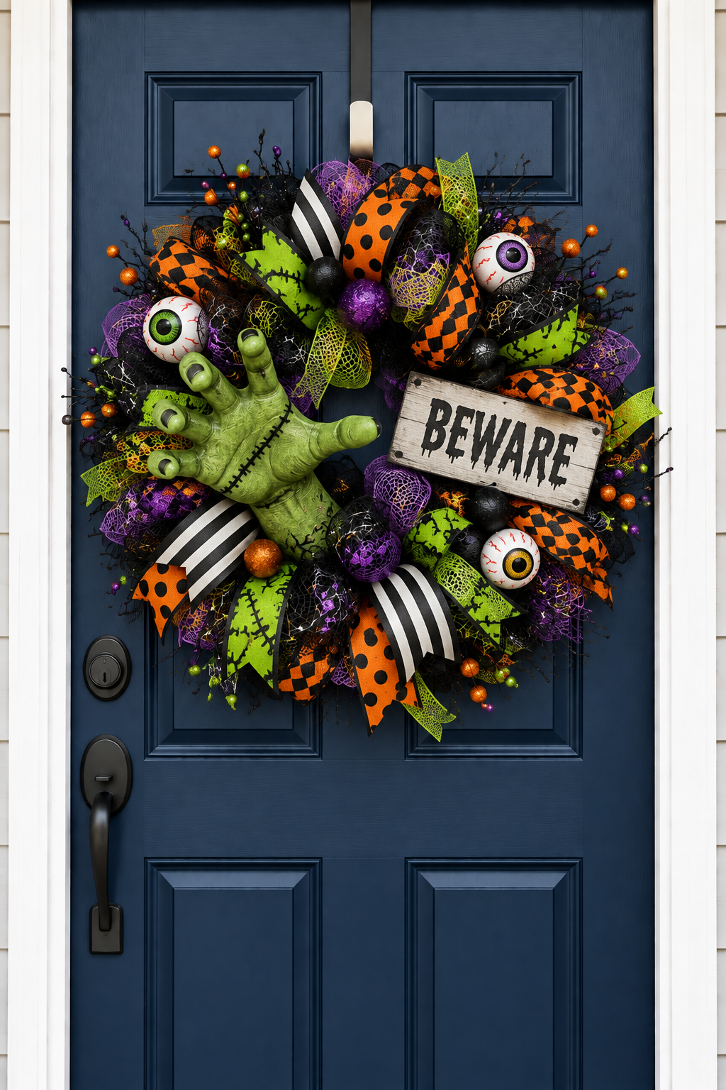 Frankenstein Monster Hand Halloween Wreath on navy blue front door AI mockup