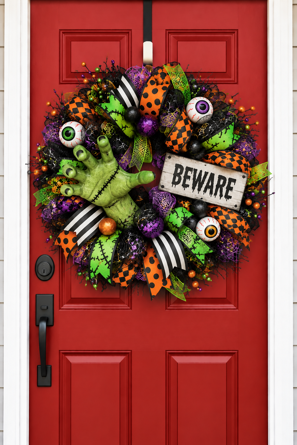 Frankenstein Monster Hand Halloween Wreath on red front door AI mockup