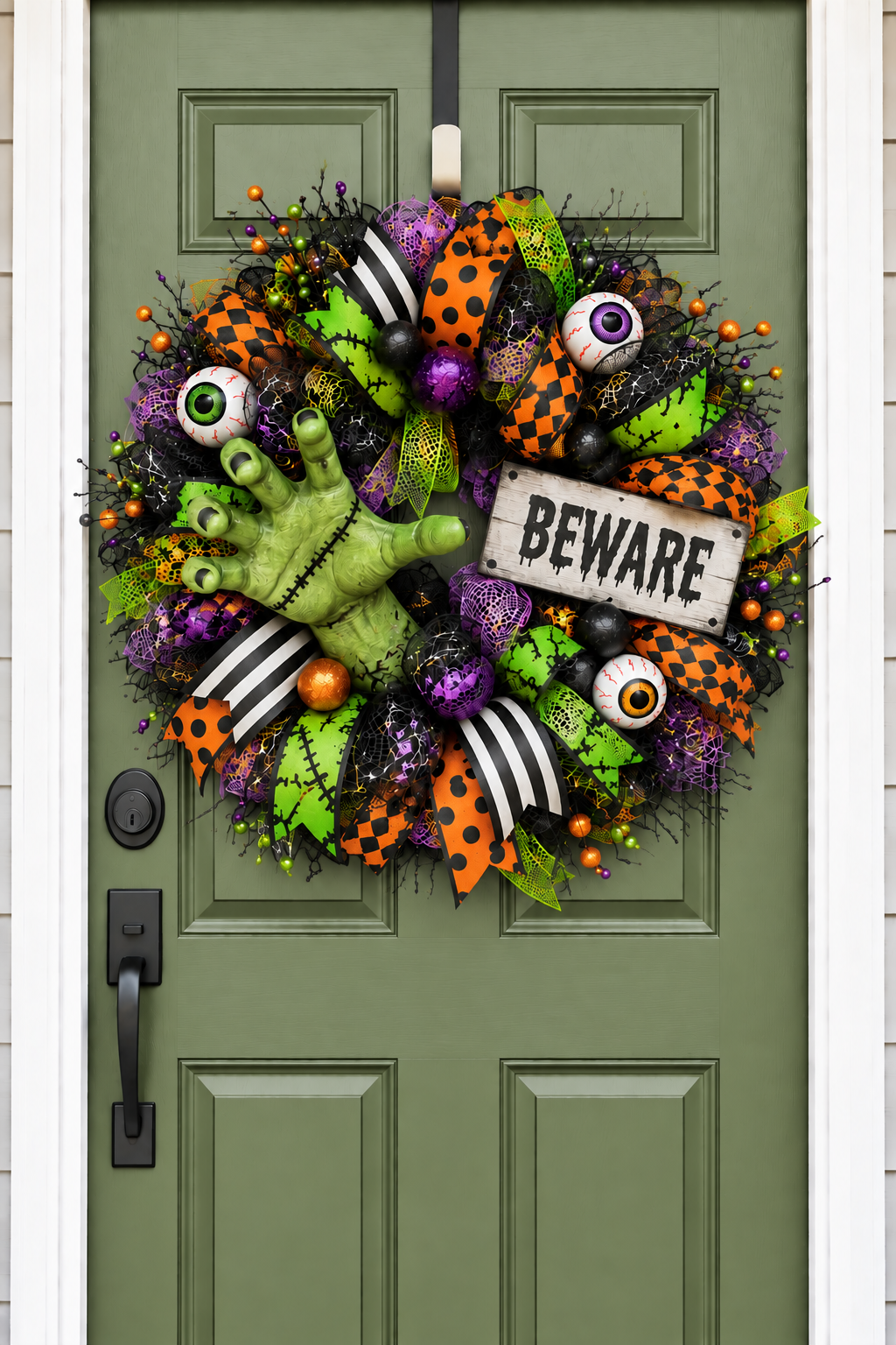 Frankenstein Monster Hand Halloween Wreath on sage green front door AI mockup
