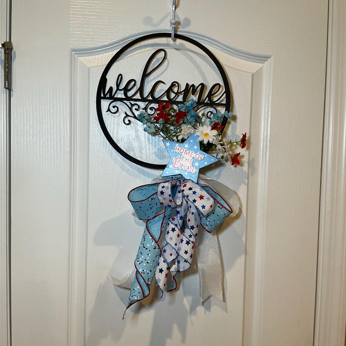 Black Metal Welcome Sign, Home of the Brave Fourth of July Front Door Decor, Red White Blue Floral