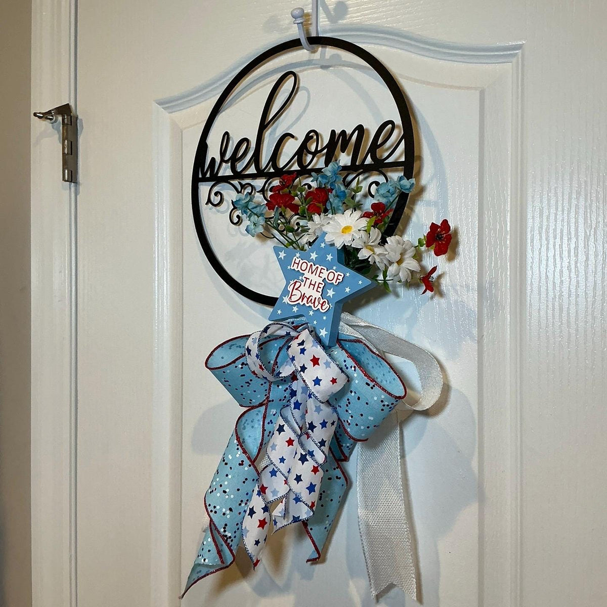 Black Metal Welcome Sign, Home of the Brave Fourth of July Front Door Decor, Red White Blue Floral