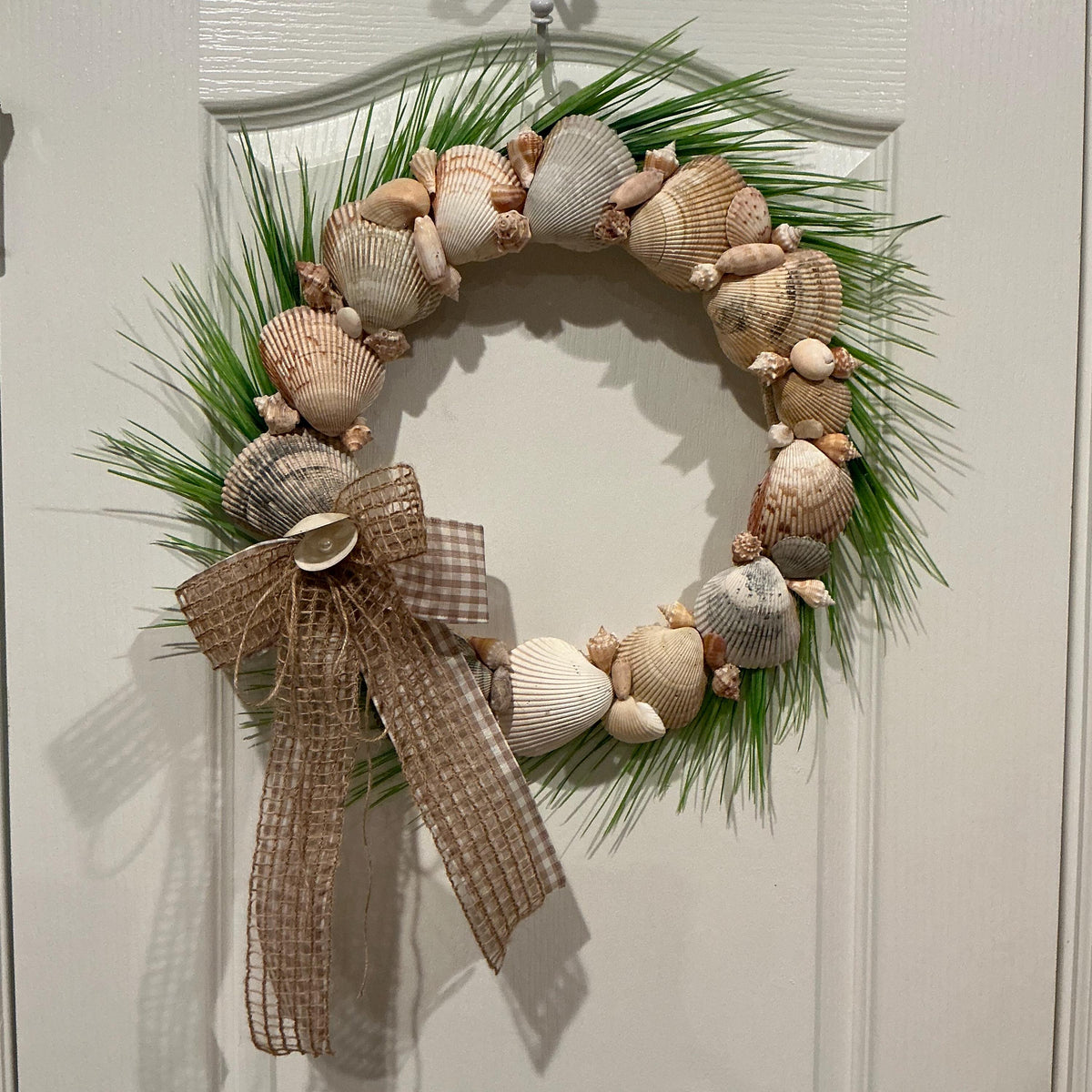 Seashell Wreath 14 inch Coastal Beach Decor Natural Shell Neutrsl Farmhouse Front Door Burlap Buffalo Check Bow Nautical Home Accent
