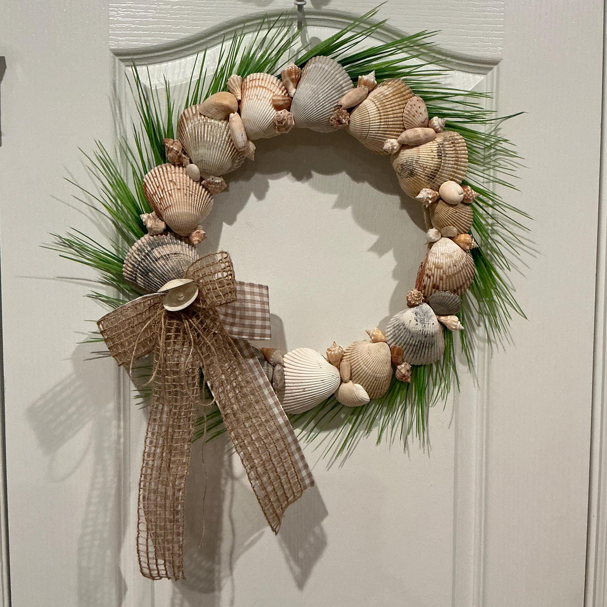 Seashell Wreath 14 inch Coastal Beach Decor Natural Shell Neutrsl Farmhouse Front Door Burlap Buffalo Check Bow Nautical Home Accent
