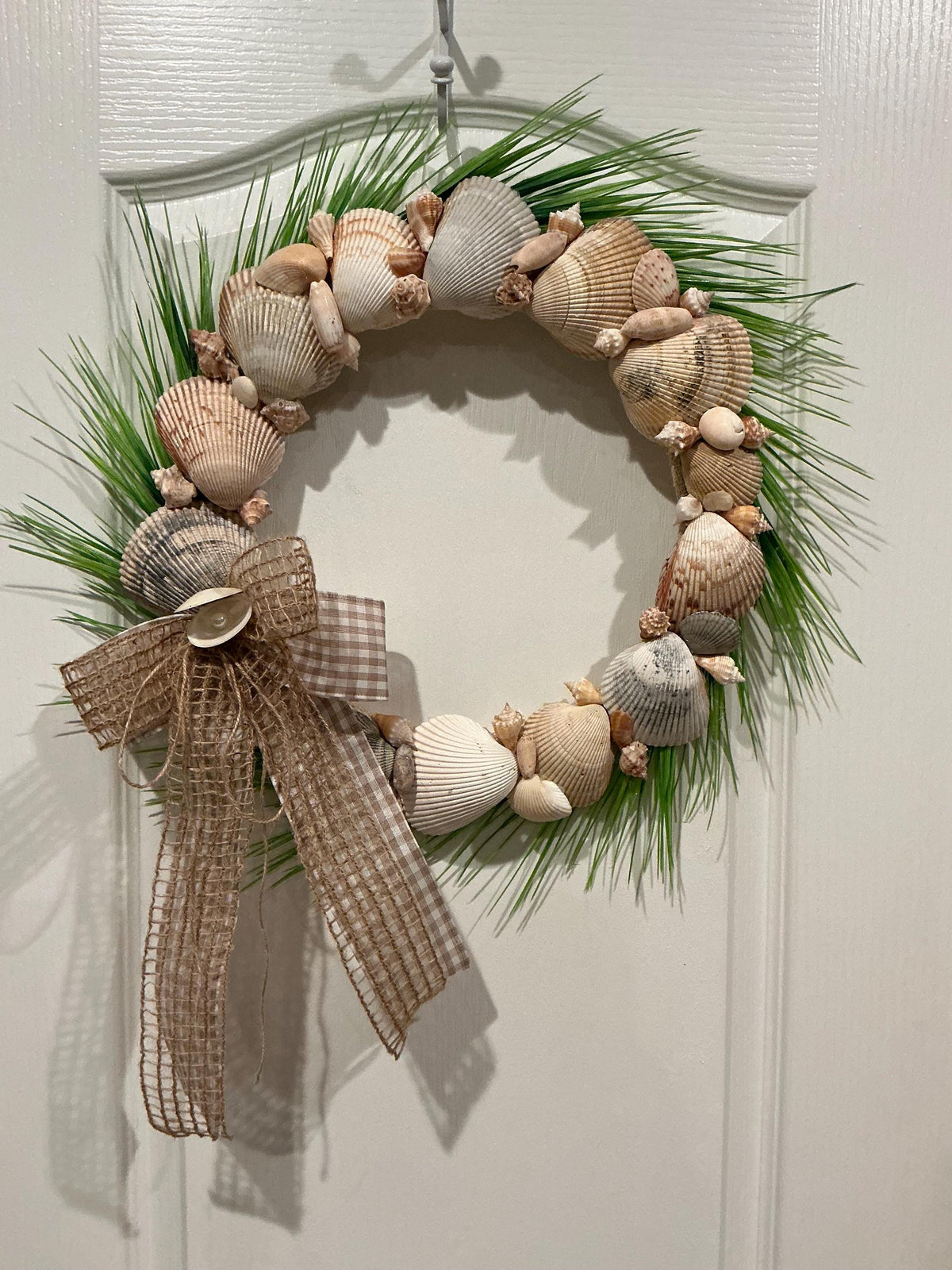 Seashell Wreath 14 inch Coastal Beach Decor Natural Shell Neutrsl Farmhouse Front Door Burlap Buffalo Check Bow Nautical Home Accent