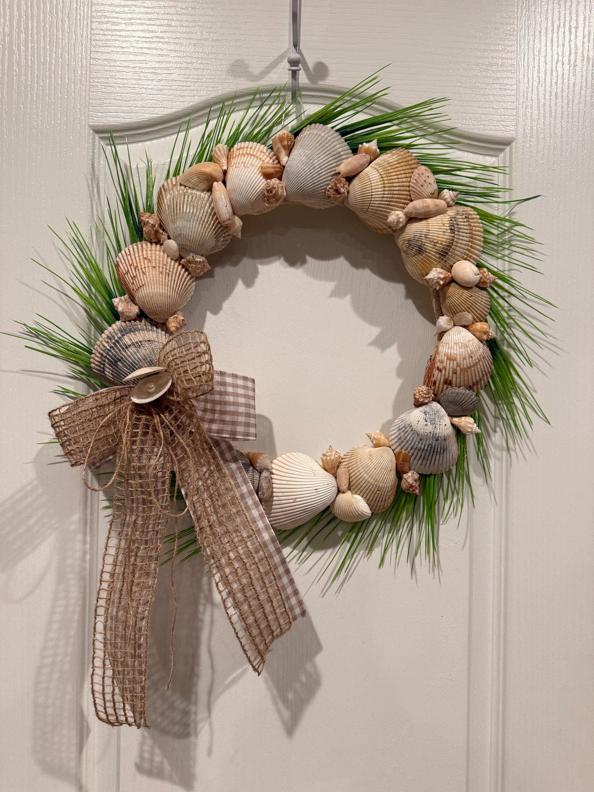 Seashell Wreath 14 inch Coastal Beach Decor Natural Shell Neutrsl Farmhouse Front Door Burlap Buffalo Check Bow Nautical Home Accent