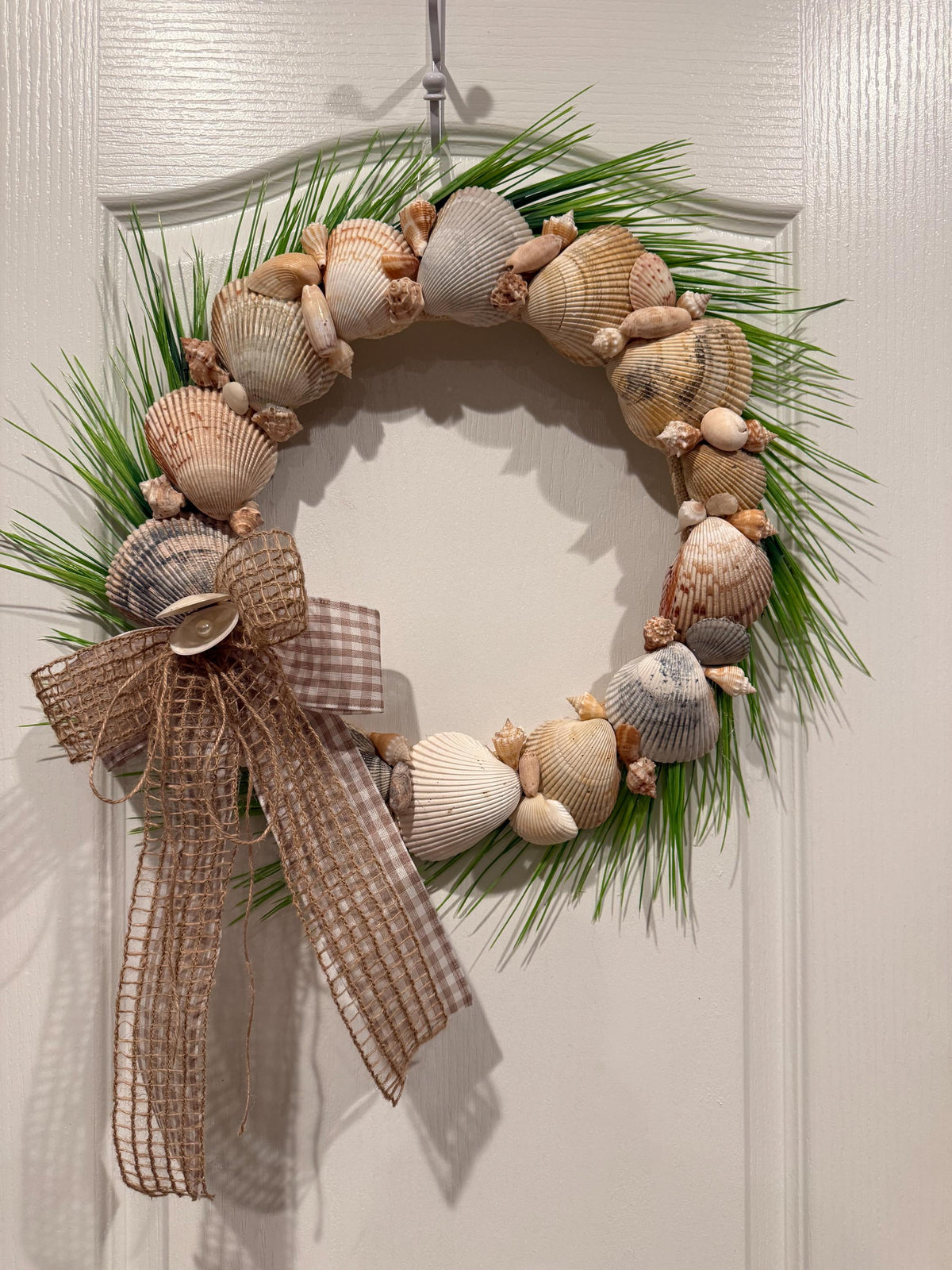 Seashell Wreath 14 inch Coastal Beach Decor Natural Shell Neutrsl Farmhouse Front Door Burlap Buffalo Check Bow Nautical Home Accent