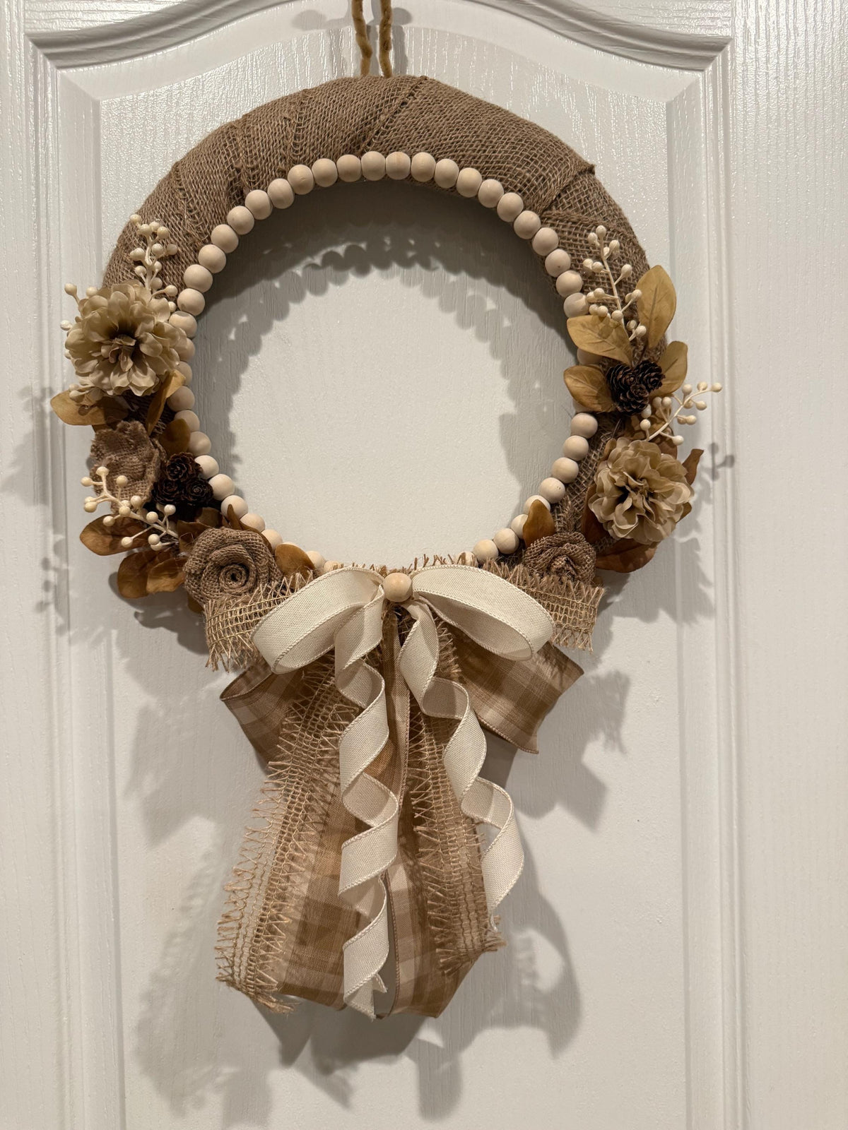 Neutral Farmhouse Wreath,Rustic Burlap Front Door Decor with wood beads and cream Florals