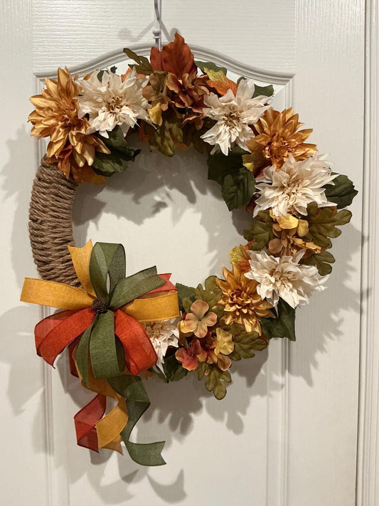 Autumn Dahlia Fall Wreath, Front Door Accent Jute wrapped,Farmhouse fall decor ,Gold Cream floral WreathRustic Thanksgiving decor