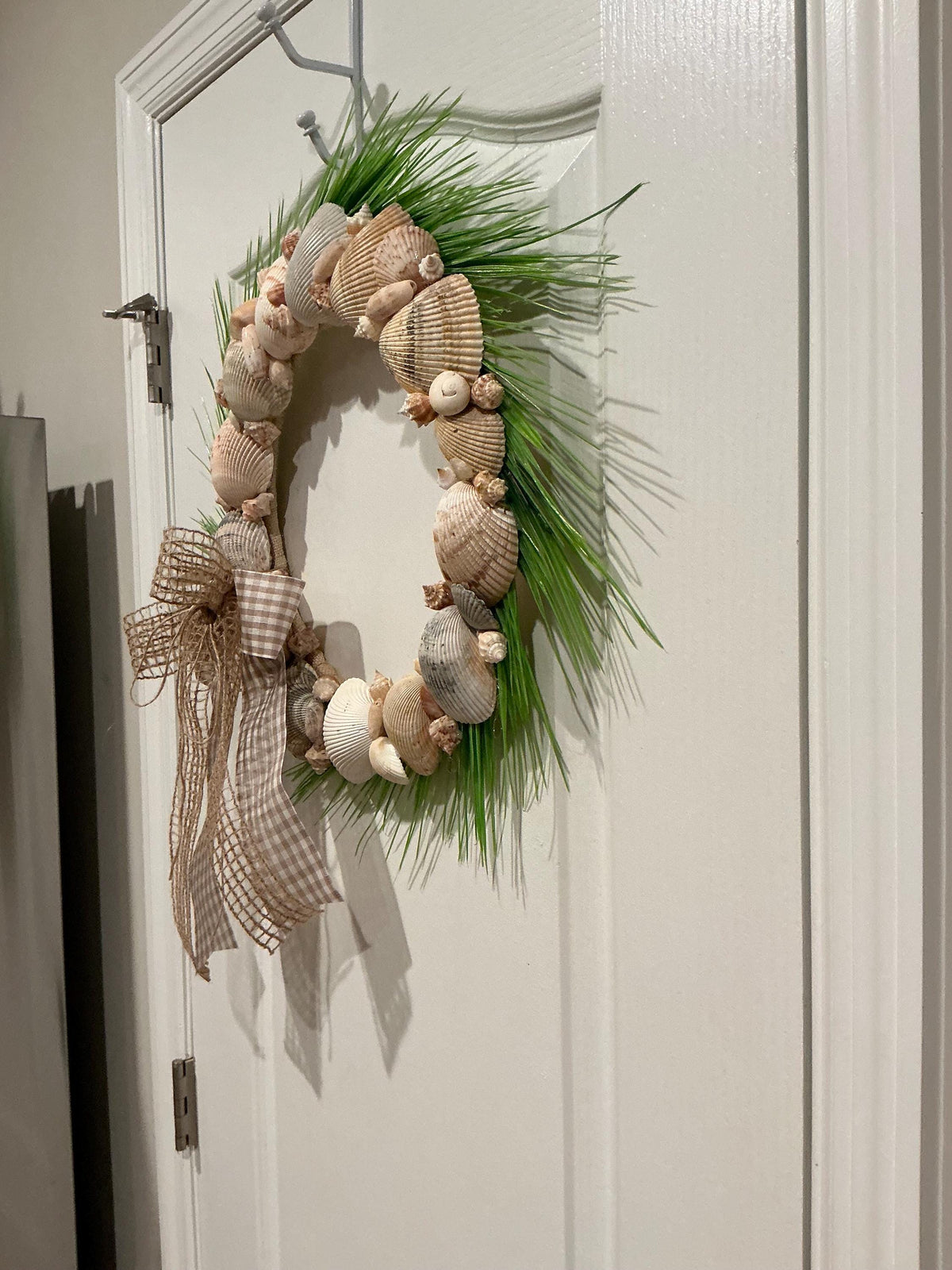 Seashell Wreath 14 inch Coastal Beach Decor Natural Shell Neutrsl Farmhouse Front Door Burlap Buffalo Check Bow Nautical Home Accent