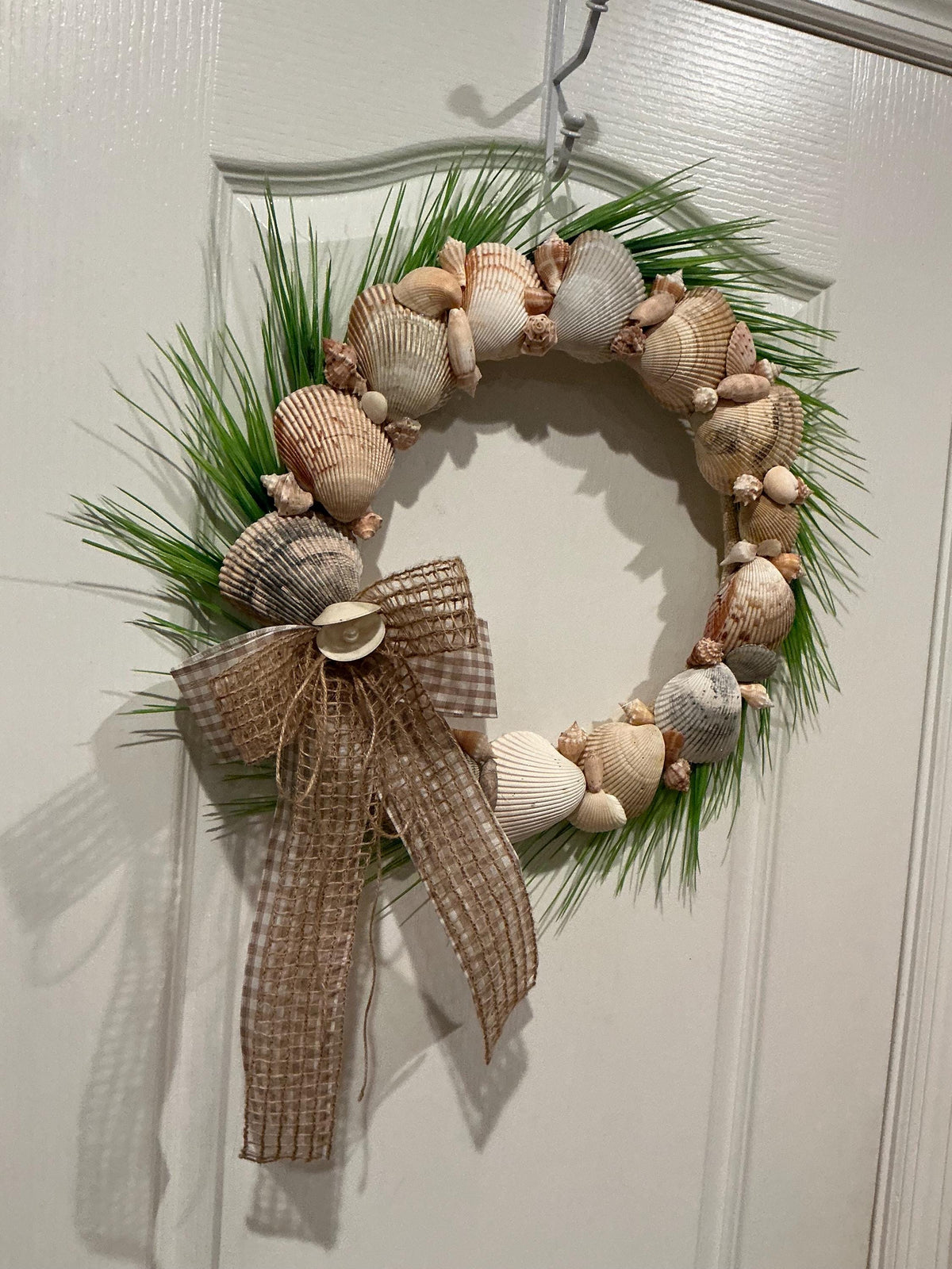 Seashell Wreath 14 inch Coastal Beach Decor Natural Shell Neutrsl Farmhouse Front Door Burlap Buffalo Check Bow Nautical Home Accent
