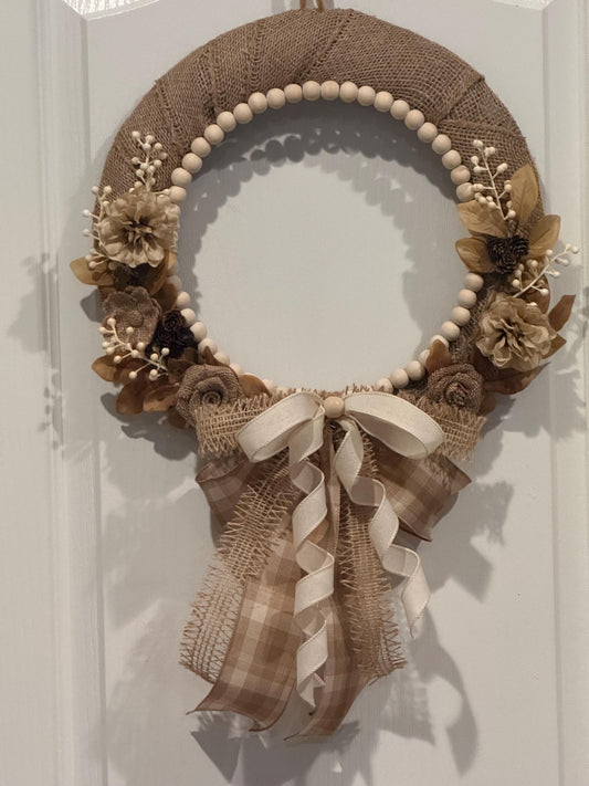 Neutral Farmhouse Wreath,Rustic Burlap Front Door Decor with wood beads and cream Florals
