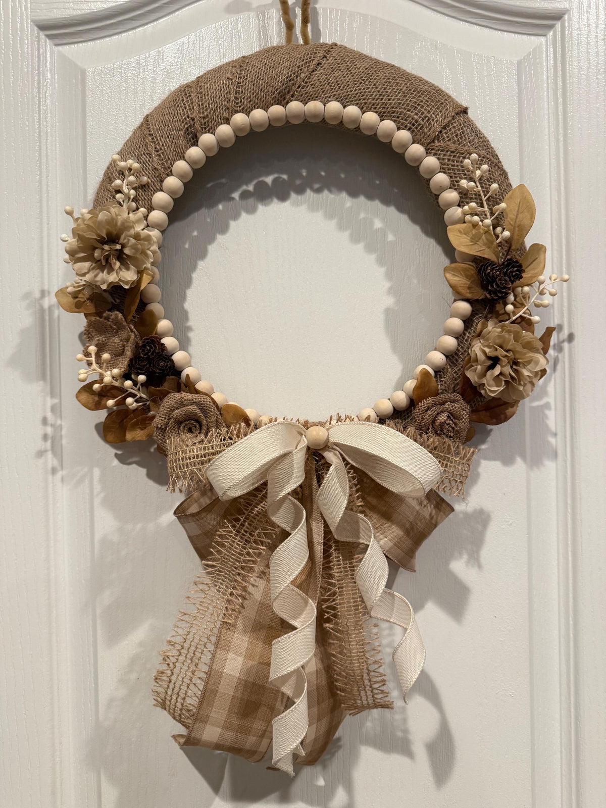 Neutral Farmhouse Wreath,Rustic Burlap Front Door Decor with wood beads and cream Florals