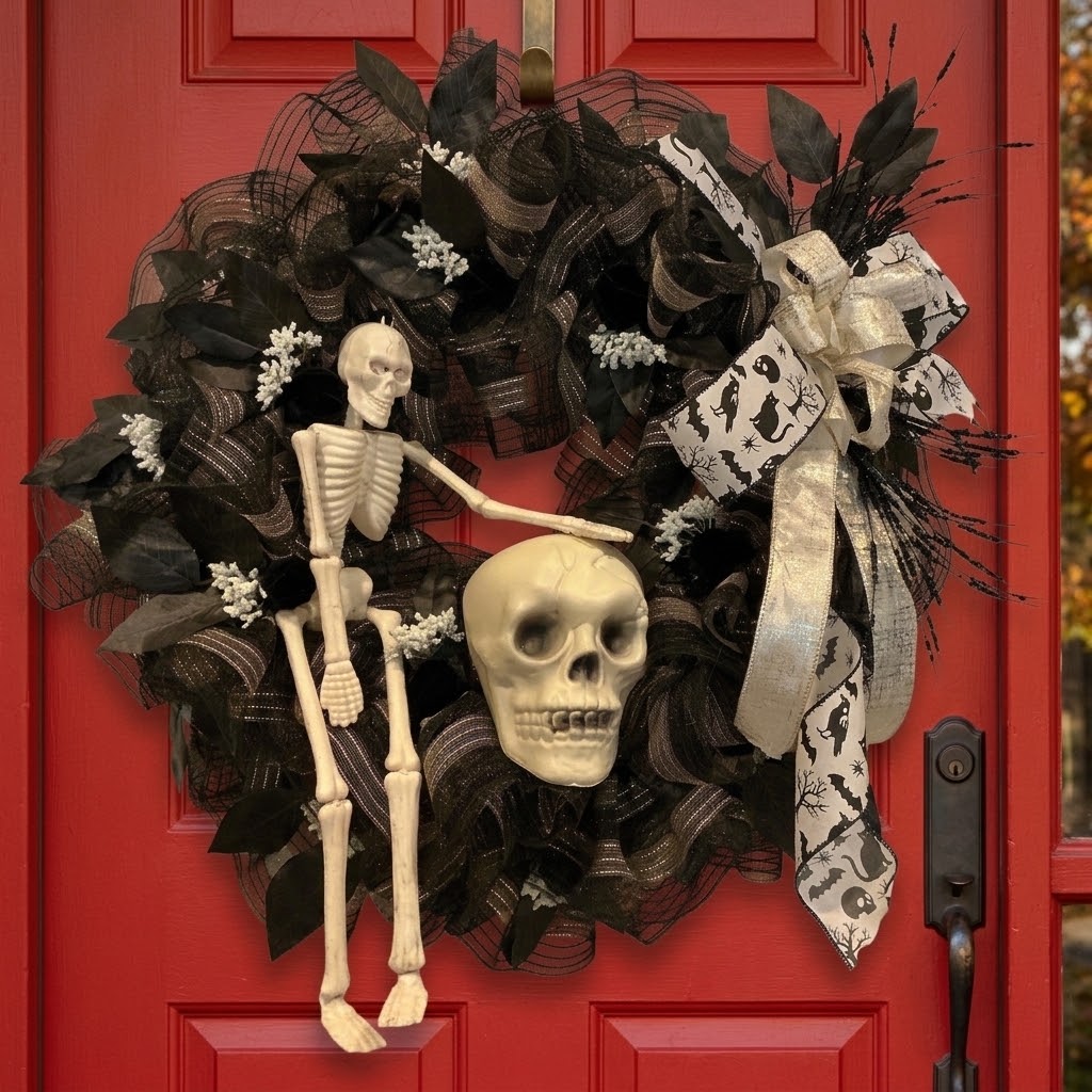 Black and Gold Skeleton Halloween Wreath, Gothic Mesh Front Door Decor, 16 Inch