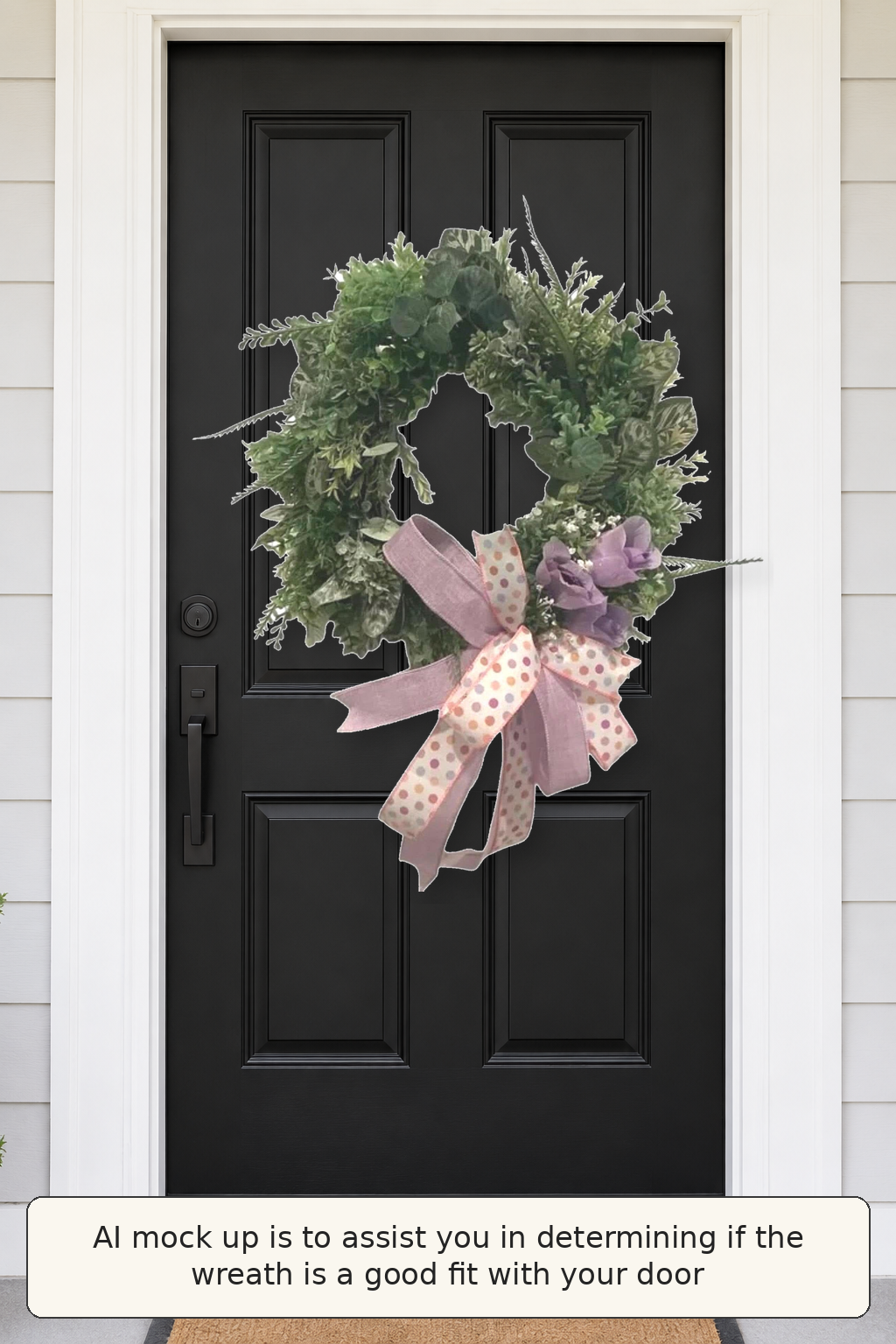 Lavender grapevine wreath shown on a black front door AI mockup