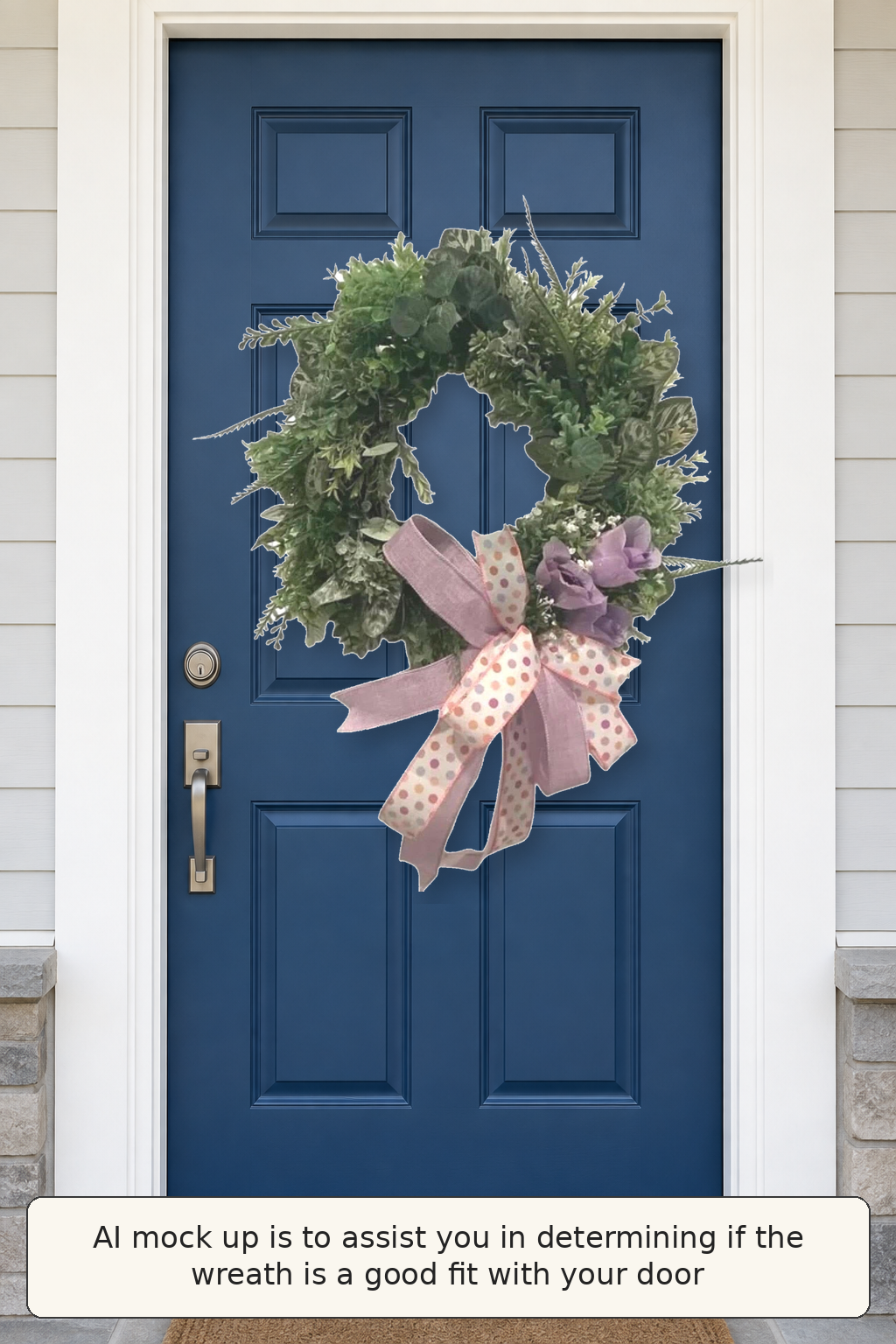 Lavender grapevine wreath shown on a blue front door AI mockup