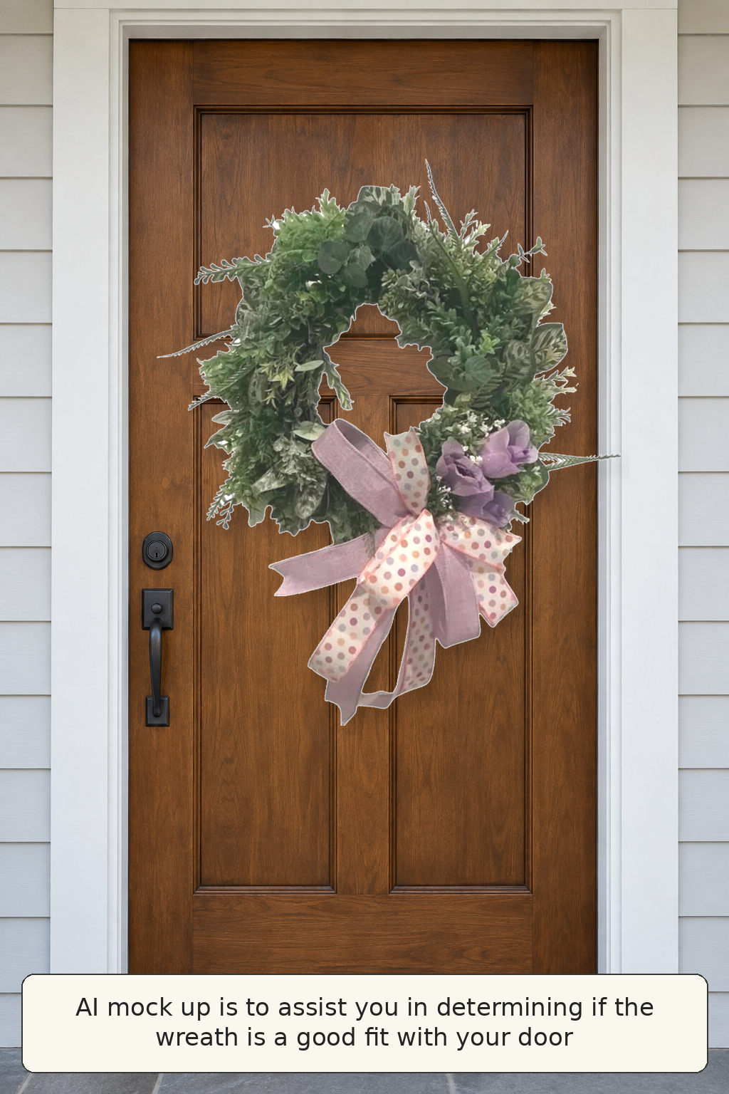 Lavender grapevine wreath shown on a brown front door AI mockup