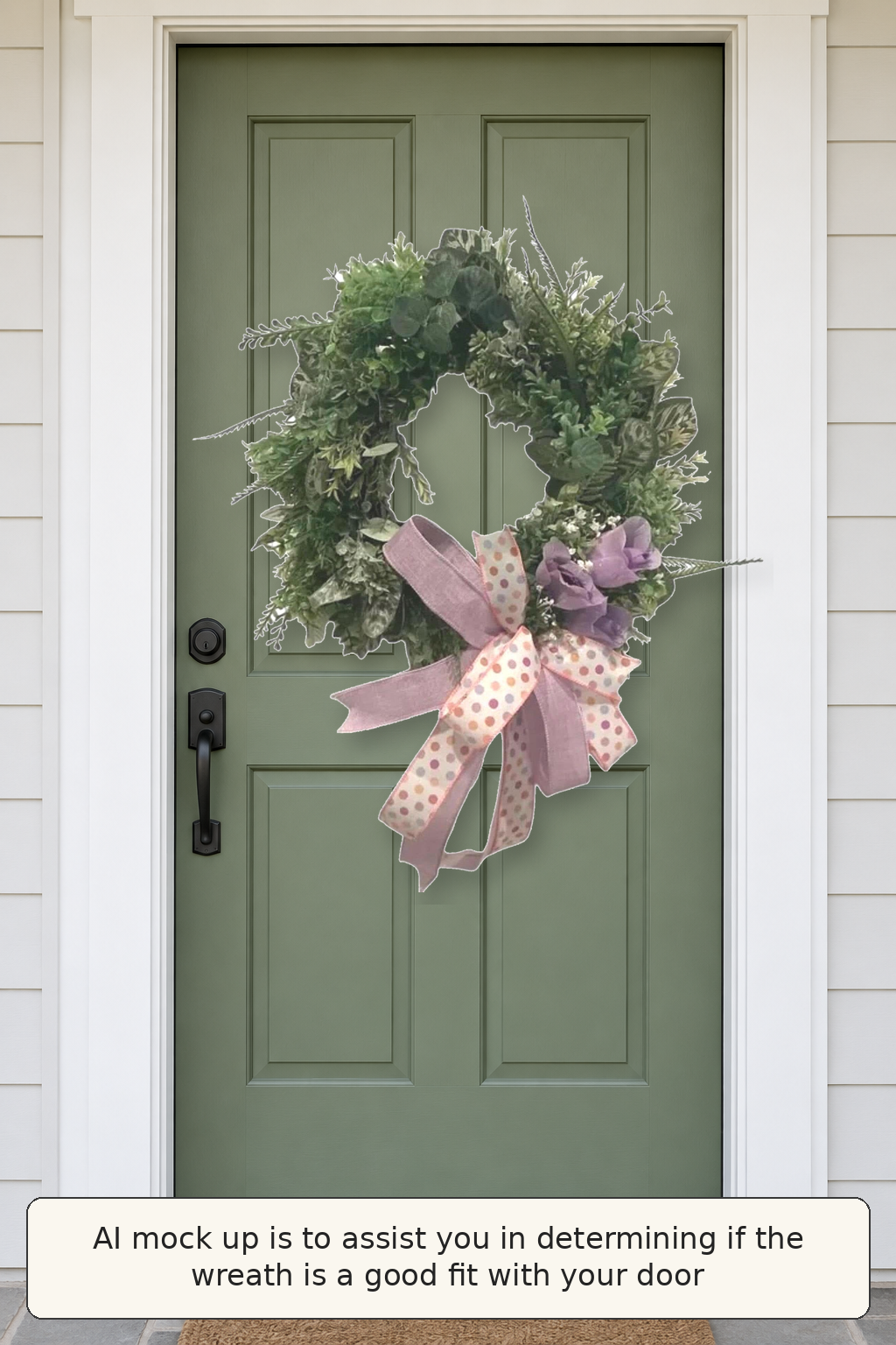 Lavender grapevine wreath shown on a green front door AI mockup