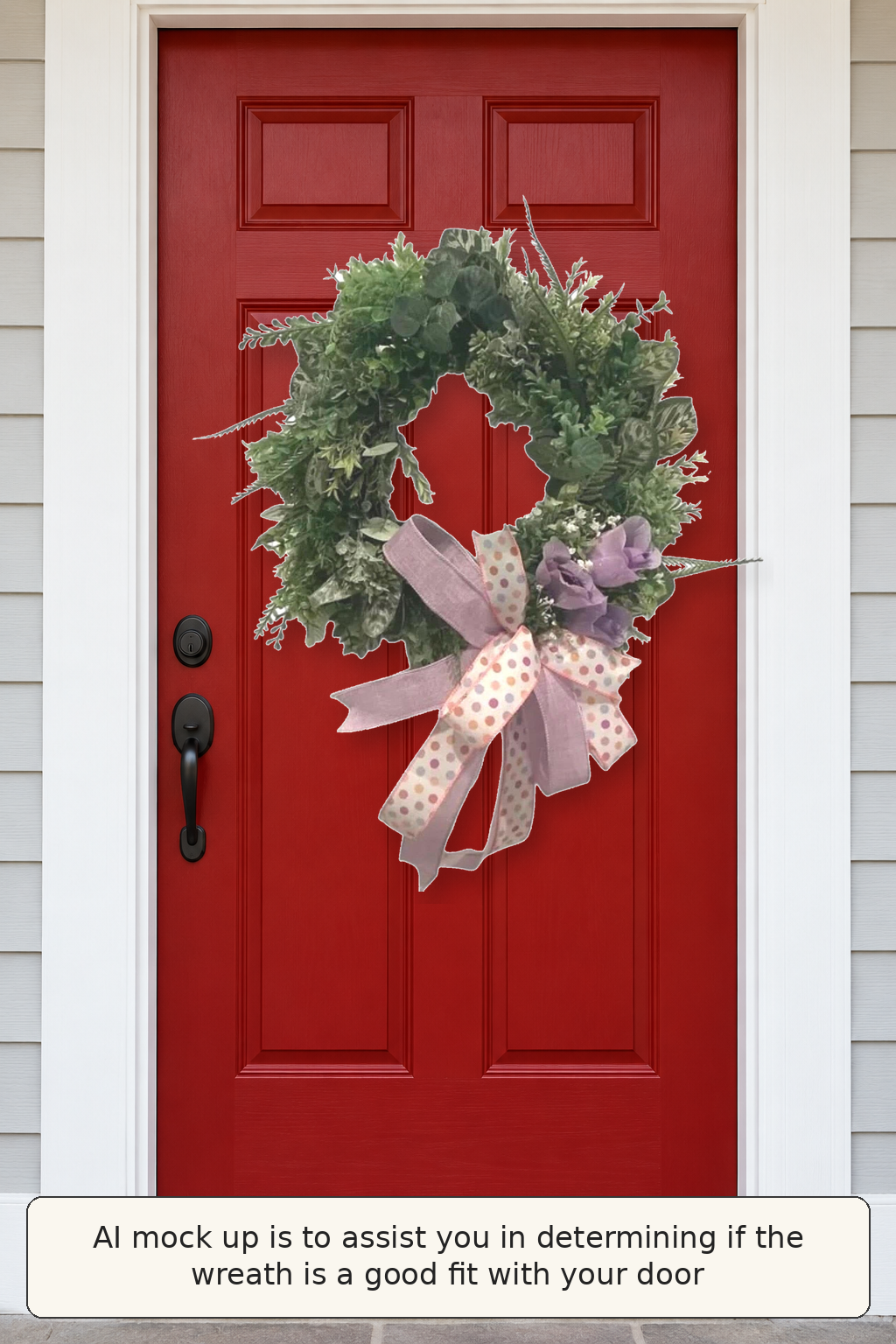 Lavender grapevine wreath shown on a red front door AI mockup