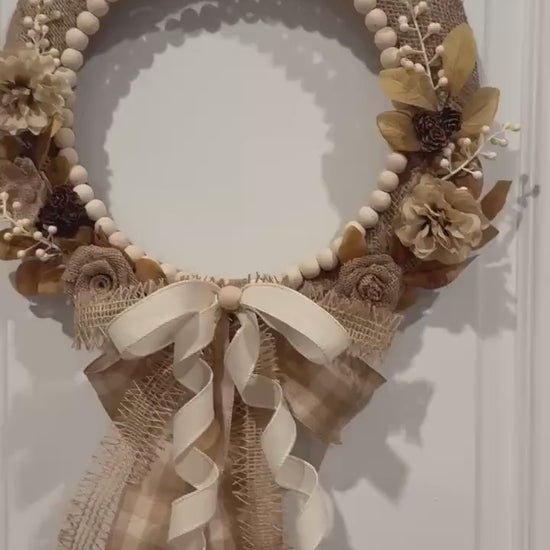 Neutral Farmhouse Wreath,Rustic Burlap Front Door Decor with wood beads and cream Florals