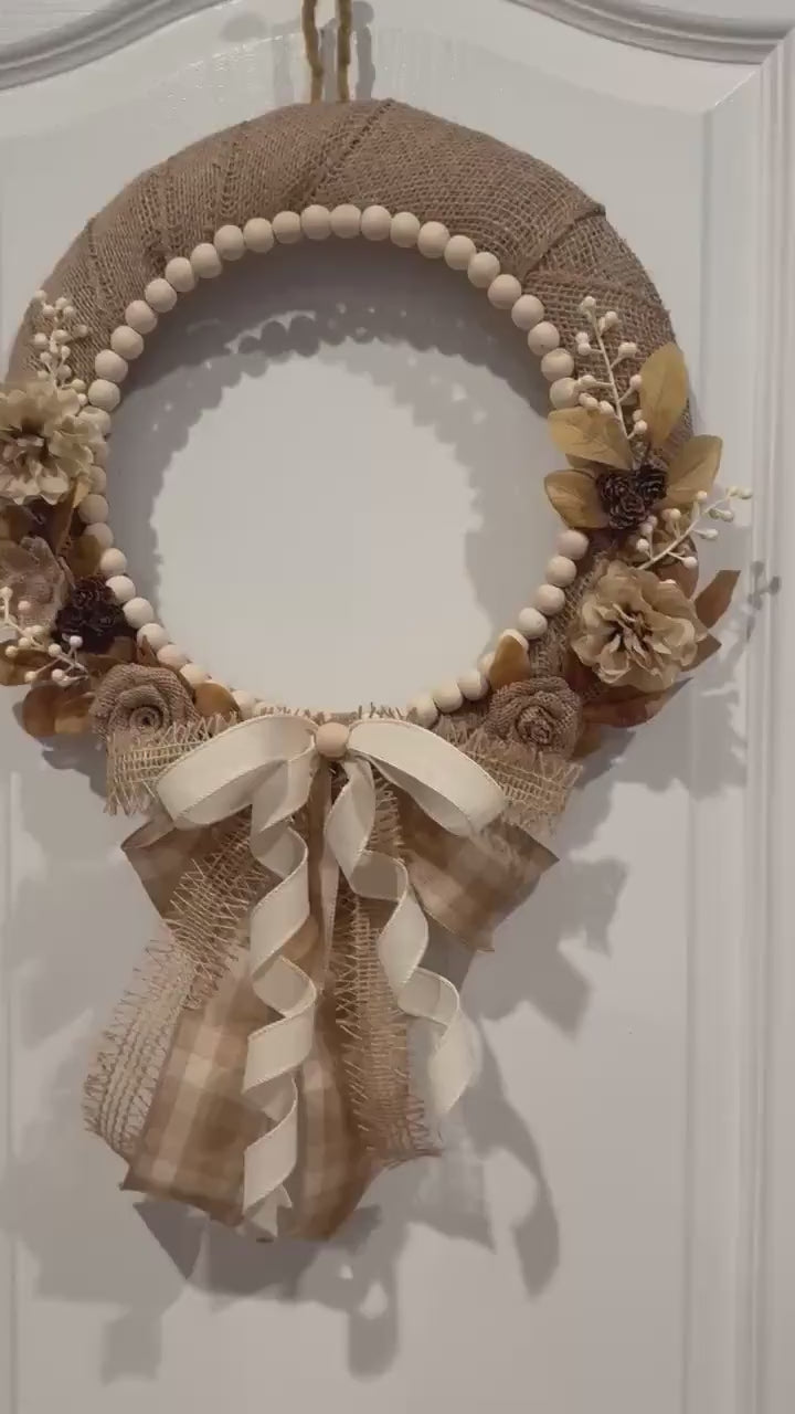 Neutral Farmhouse Wreath,Rustic Burlap Front Door Decor with wood beads and cream Florals