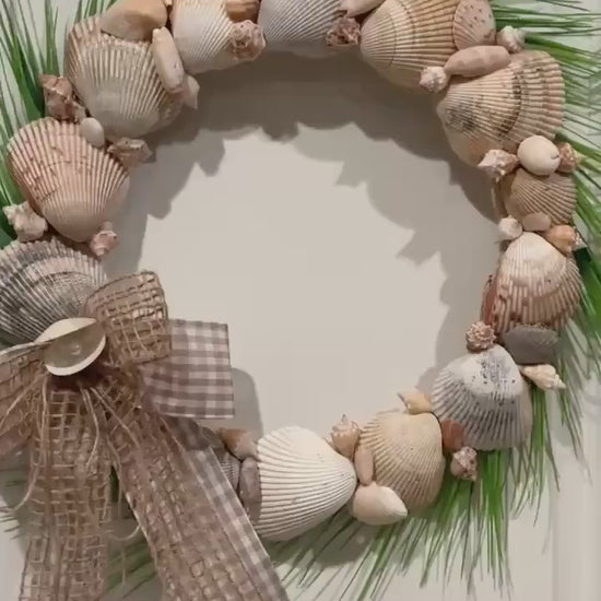 Seashell Wreath 14 inch Coastal Beach  Decor Natural Shell Neutrsl Farmhouse  Front Door Burlap Buffalo Check Bow Nautical Home Accent