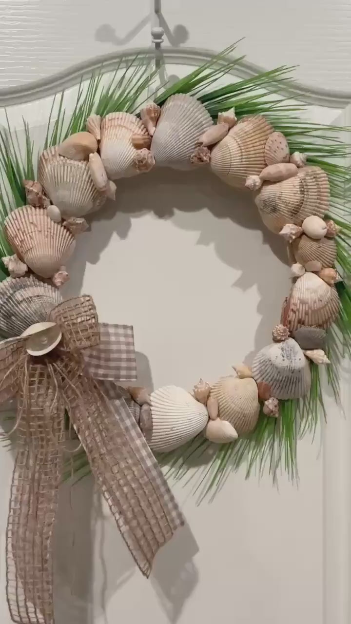 Seashell Wreath 14 inch Coastal Beach  Decor Natural Shell Neutrsl Farmhouse  Front Door Burlap Buffalo Check Bow Nautical Home Accent