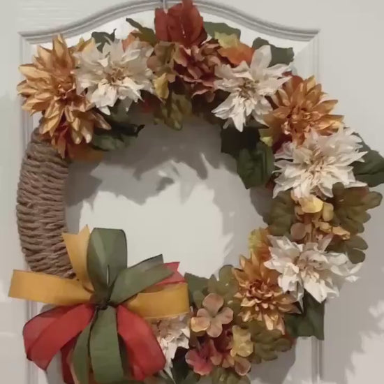 Autumn Dahlia Fall Wreath, Front Door Accent Jute wrapped,Farmhouse fall decor ,Gold Cream floral WreathRustic Thanksgiving decor