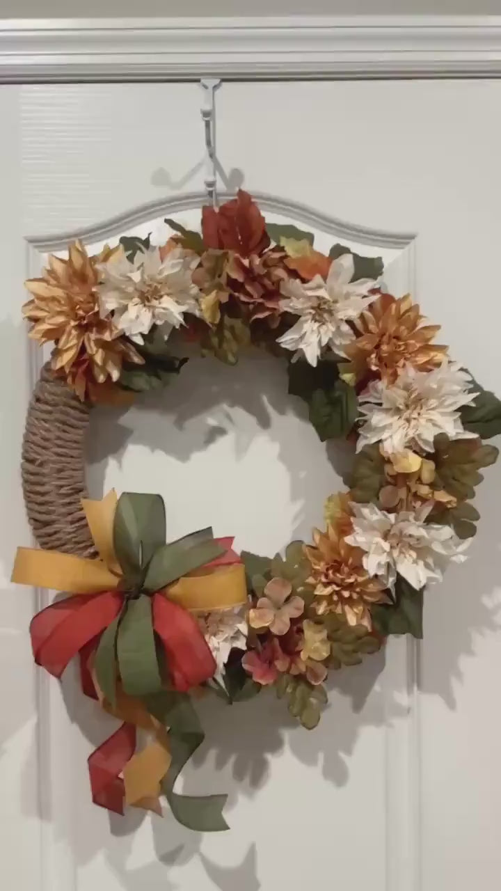 Autumn Dahlia Fall Wreath, Front Door Accent Jute wrapped,Farmhouse fall decor ,Gold Cream floral WreathRustic Thanksgiving decor