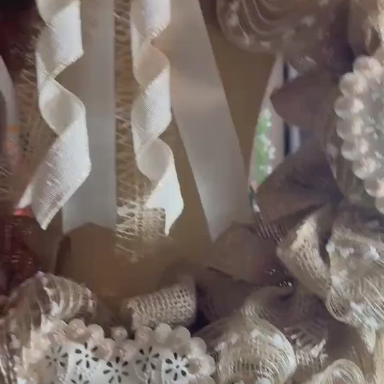Burlap Wreath with Cream Filigree Hearts, Farmhouse Front Door Wreath, Rustic Cottage Decor, Neutral Everyday Wreath, Shabby Chic Home Decor