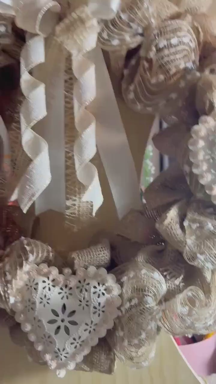 Burlap Wreath with Cream Filigree Hearts, Farmhouse Front Door Wreath, Rustic Cottage Decor, Neutral Everyday Wreath, Shabby Chic Home Decor