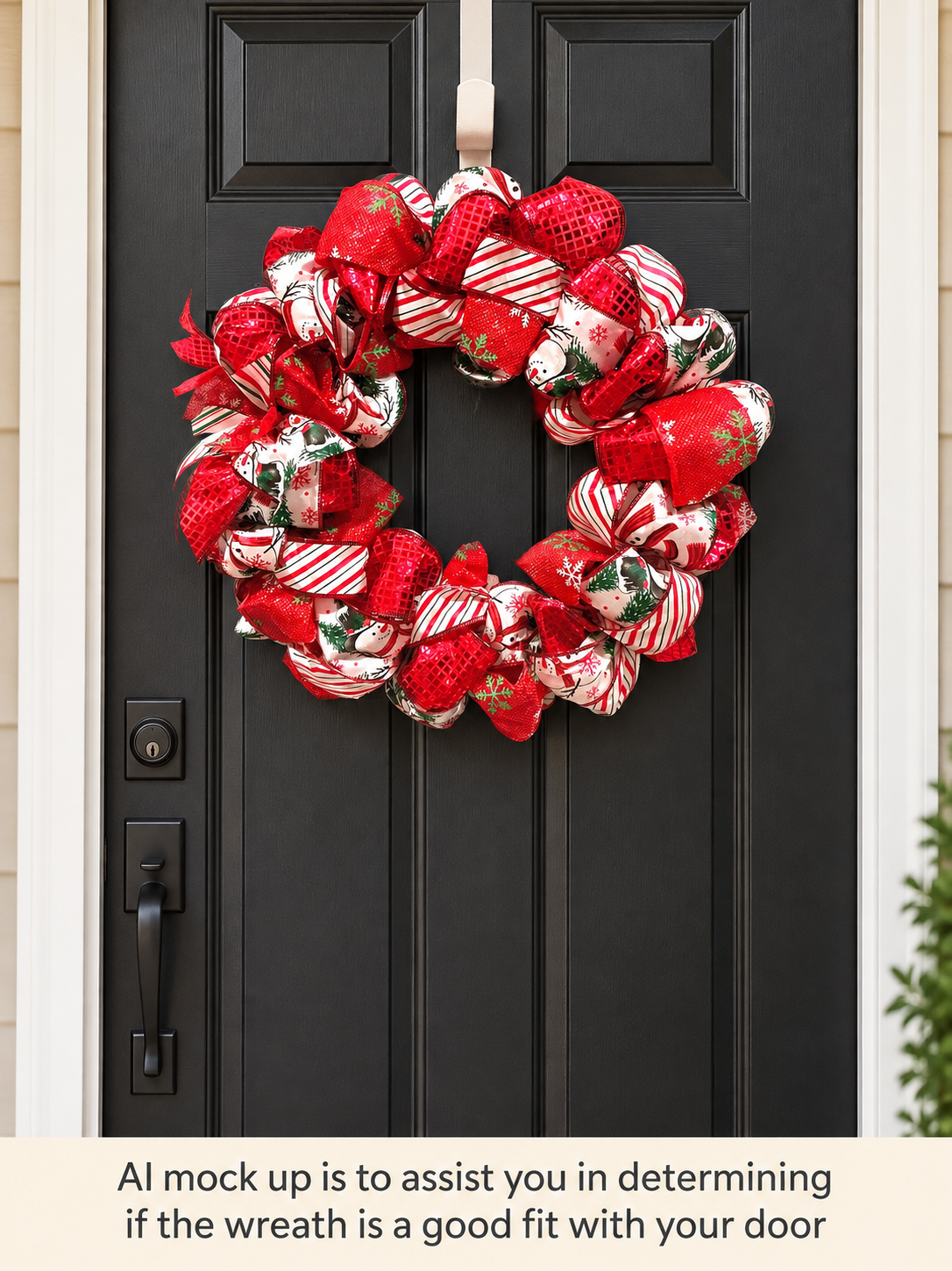 Snowman Christmas wreath shown on a black front door AI mockup