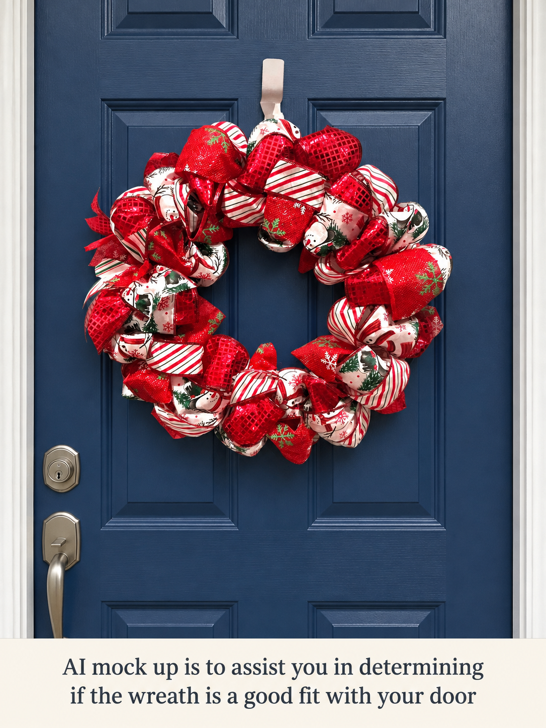 Snowman Christmas wreath shown on a blue front door AI mockup