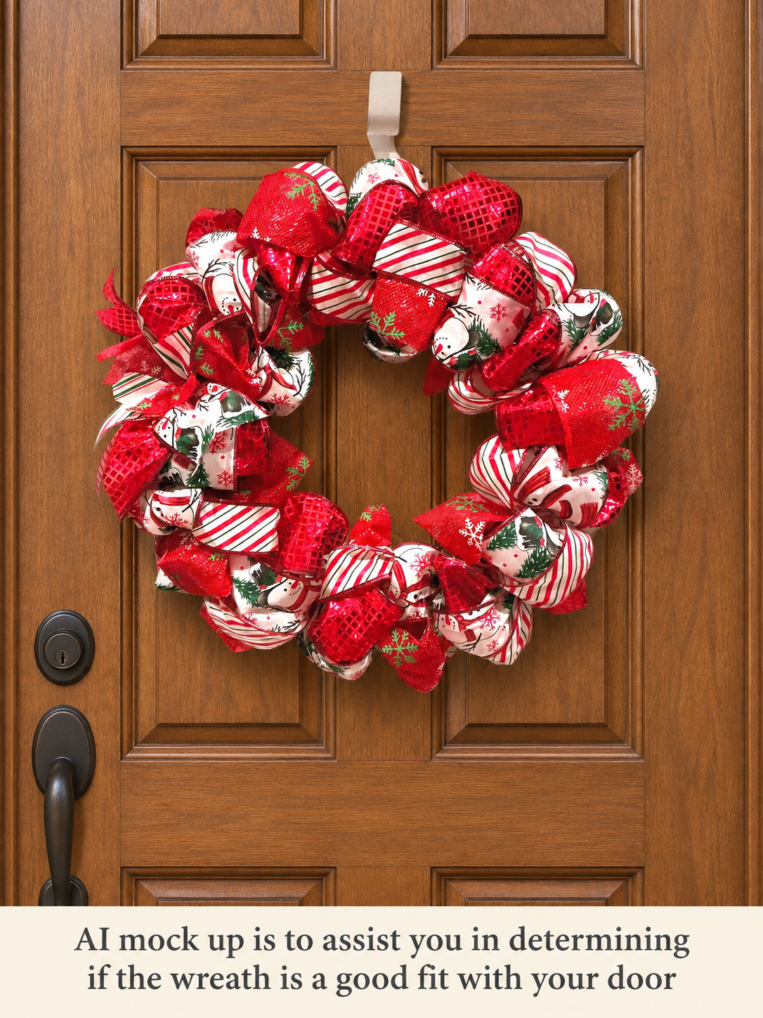 Snowman Christmas wreath shown on a brown front door AI mockup