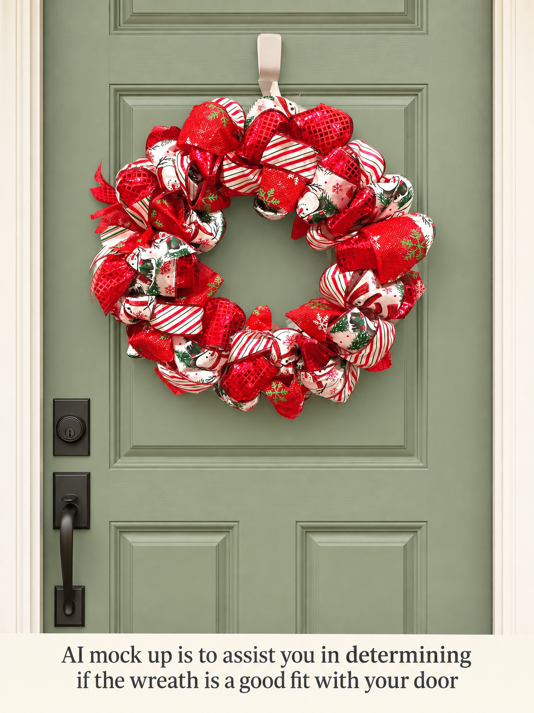 Snowman Christmas wreath shown on a green front door AI mockup
