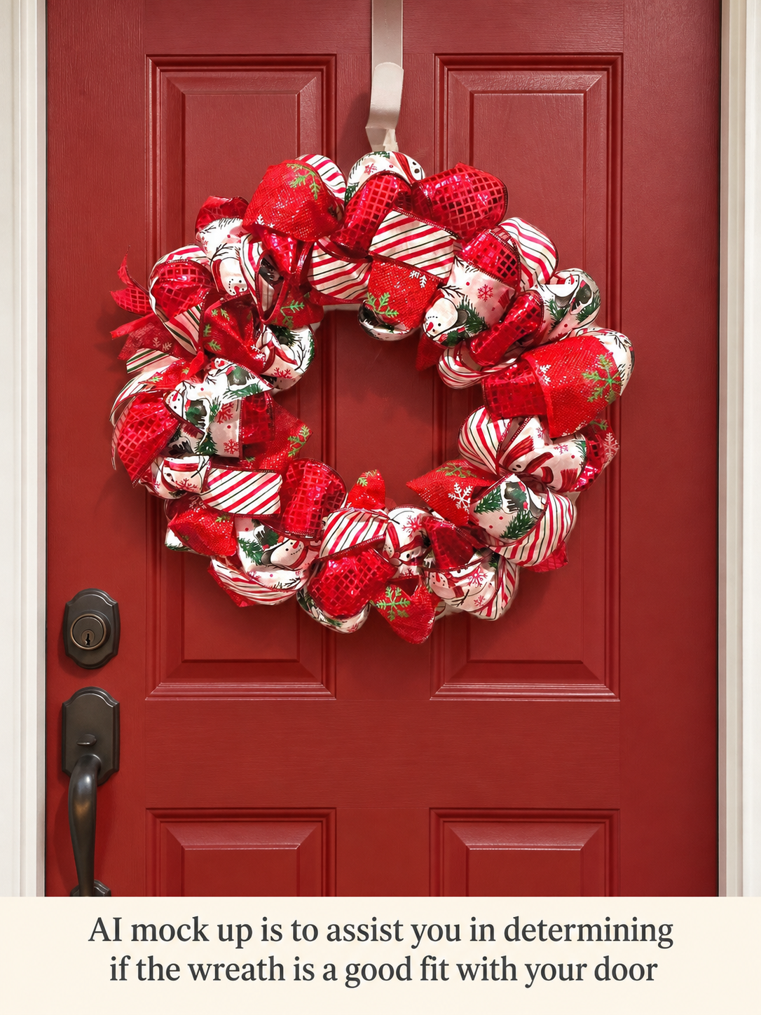 Snowman Christmas wreath shown on a red front door AI mockup