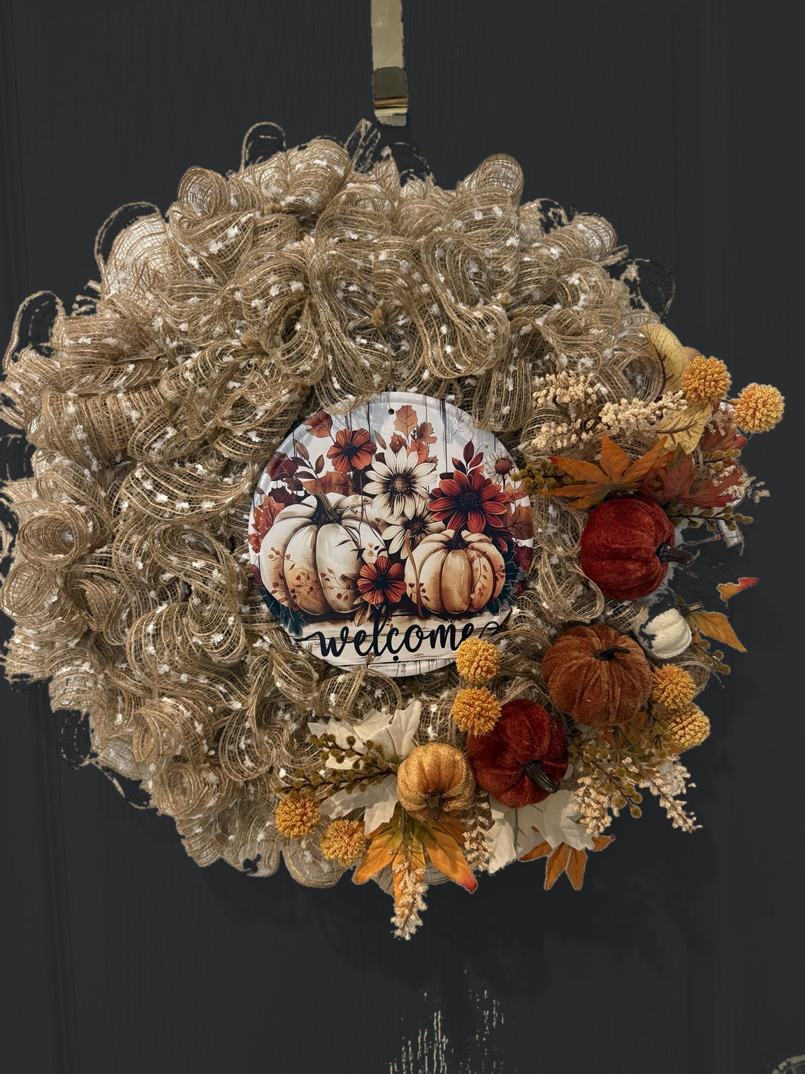 Welcome to Fall wreath on black door, front view